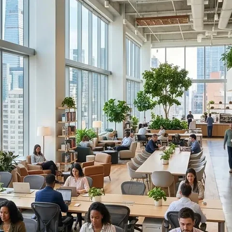Sunlit Manhattan coworking workspace with skyline views through floor-to-ceiling windows.