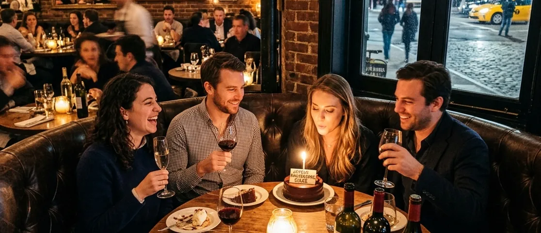 Cozy leather booth seating at a French bistro in Tribeca Manhattan with ambient candlelight