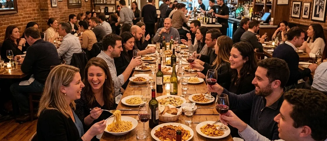 Lively Manhattan Italian restaurant with a long communal wooden table and shared pasta platters
