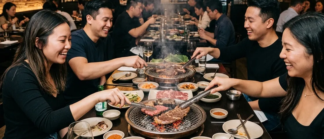 Interactive Korean BBQ dinner table at Cote Flatiron with premium cuts sizzling over tabletop charcoal grills