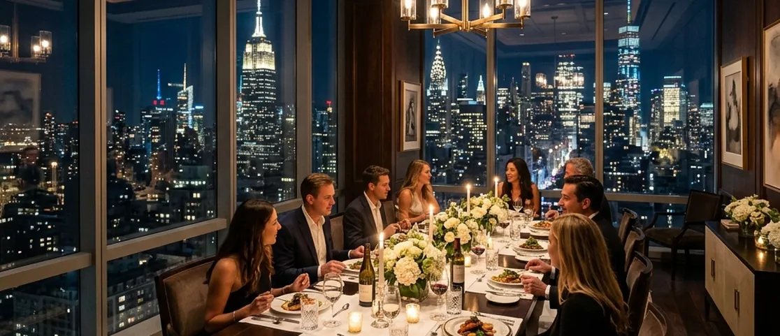 Elegant private dining room on a high floor in Manhattan with floor-to-ceiling skyscraper views at night