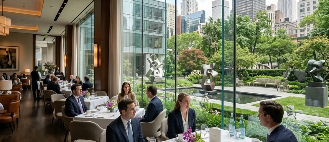 Sophisticated Midtown dining room overlooking a serene sculpture garden