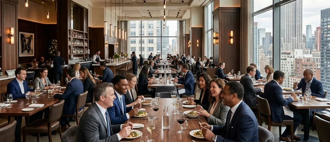 Professionals conversing over a business lunch at spacious wooden tables in an elegant, quiet Manhattan dining room