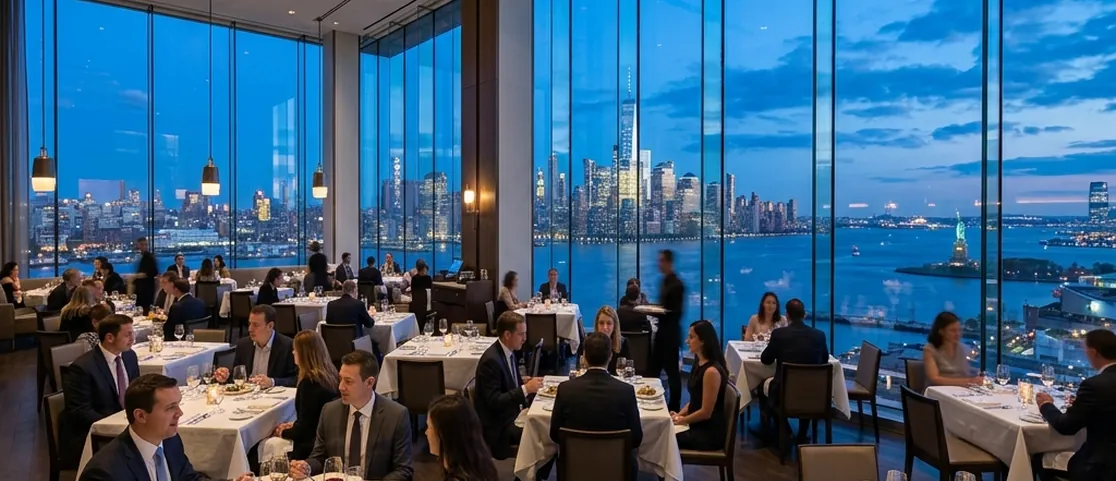 High-floor Financial District restaurant dining room with panoramic NYC skyline views