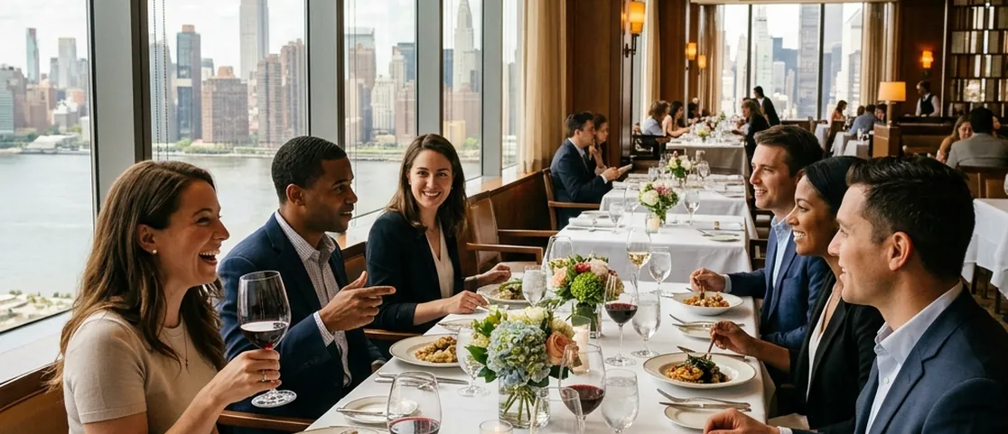 Elegantly set business lunch table in Manhattan with wine glasses and spacious seating