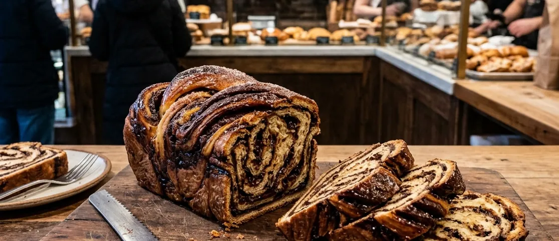 Freshly sliced chocolate babka with glossy dark chocolate swirl layers on a wooden cutting board at Breads Bakery in Manhattan
