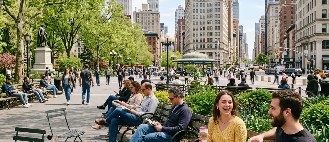 People enjoying fresh coffee and pastries on sunny park benches at Union Square Park in Manhattan