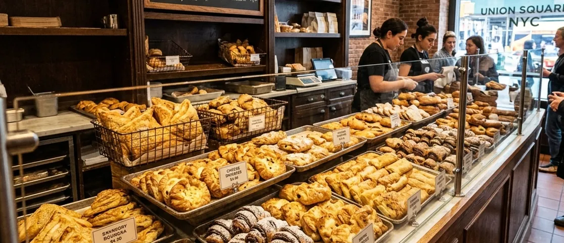 Savory puff pastry bourekas, cheese pastries, and chocolate rugelach on display counters at Breads Bakery Union Square