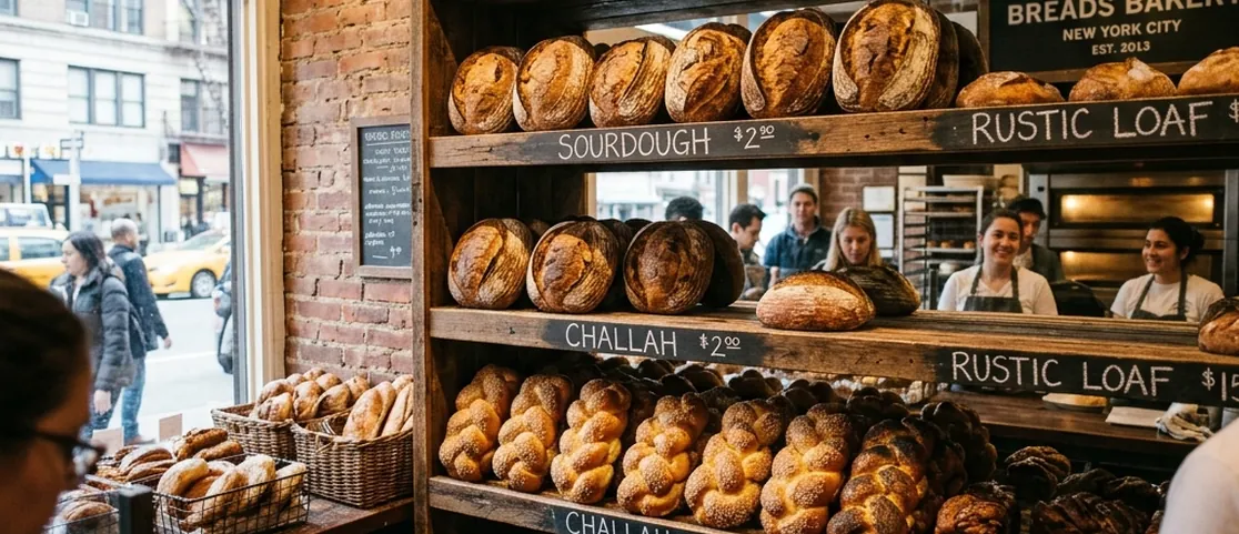 Golden artisanal sourdough bread loaves and braided challah displayed on rustic wooden shelves inside Breads Bakery in Manhattan