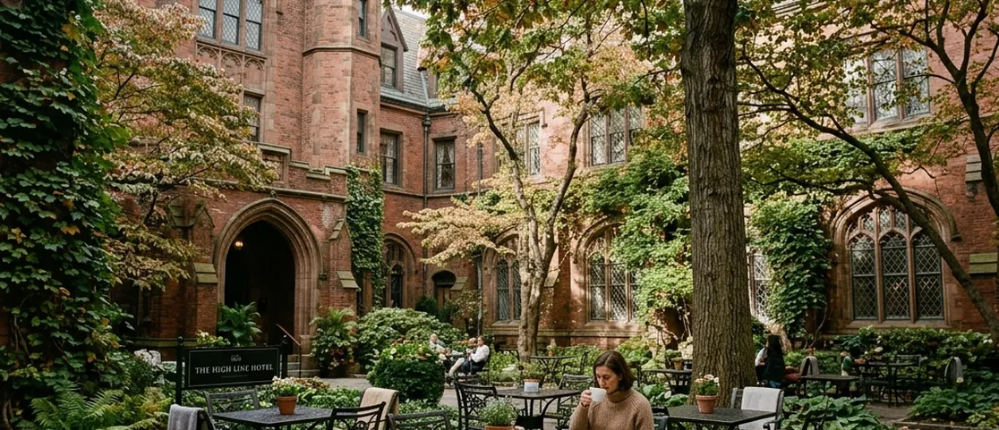 Secluded 19th-century Gothic brick courtyard garden at the High Line Hotel in Chelsea Manhattan