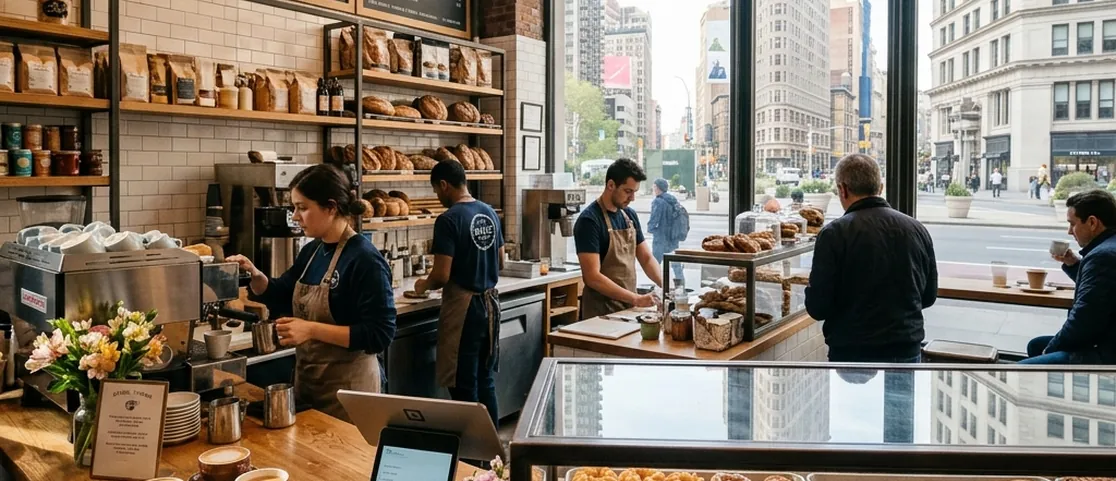 Peaceful early morning bakery counter at Daily Provisions in Flatiron Manhattan with crullers and coffee