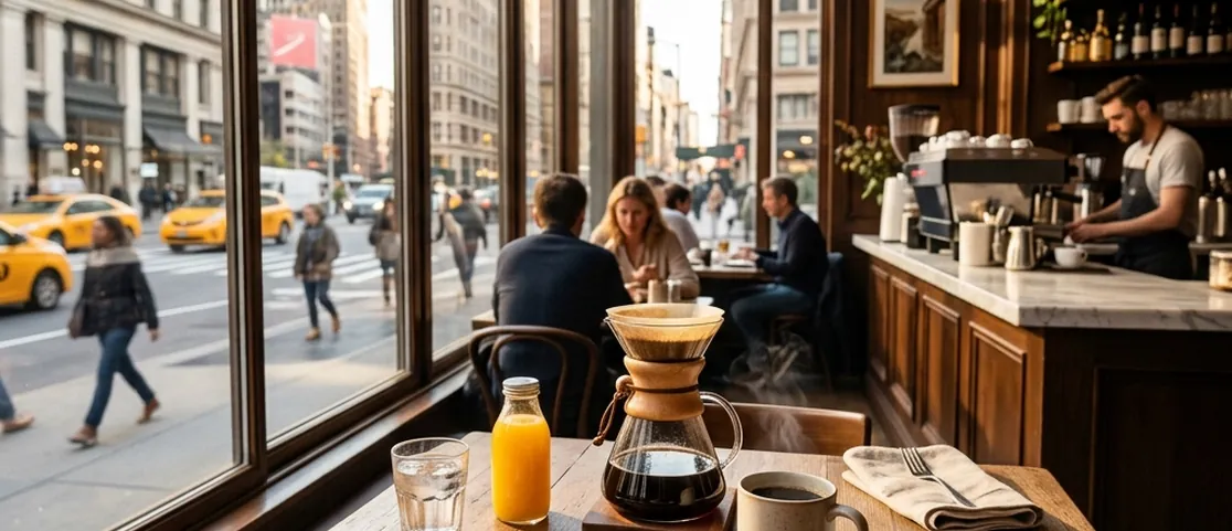 Sunlit, serene morning table at an elegant Manhattan café with soft morning sunlight streaming through windows, fresh croissants, and pour-over coffee
