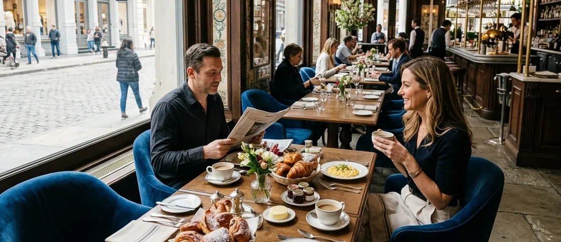 Elegant French morning breakfast table at La Mercerie in SoHo Manhattan with viennoiserie pastries and eggs