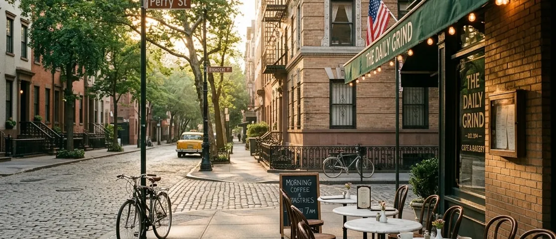 Quiet West Village Manhattan morning street corner café terrace with marble tables and sunlight