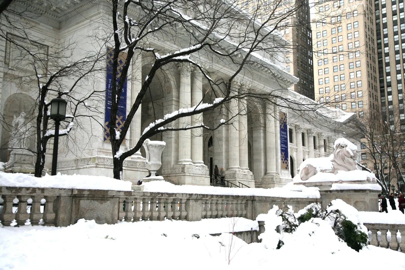 Marble façade of New York Public Library Stephen A. Schwarzman Building on Fifth Avenue