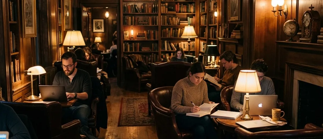 Vintage library style back room at Ground Central Coffee in Midtown East