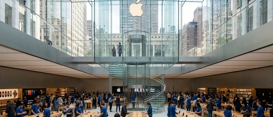 Iconic Apple Store on Fifth Avenue in Manhattan with wooden display tables, charging cables, and visitors testing devices in a sunlit subterranean glass cube