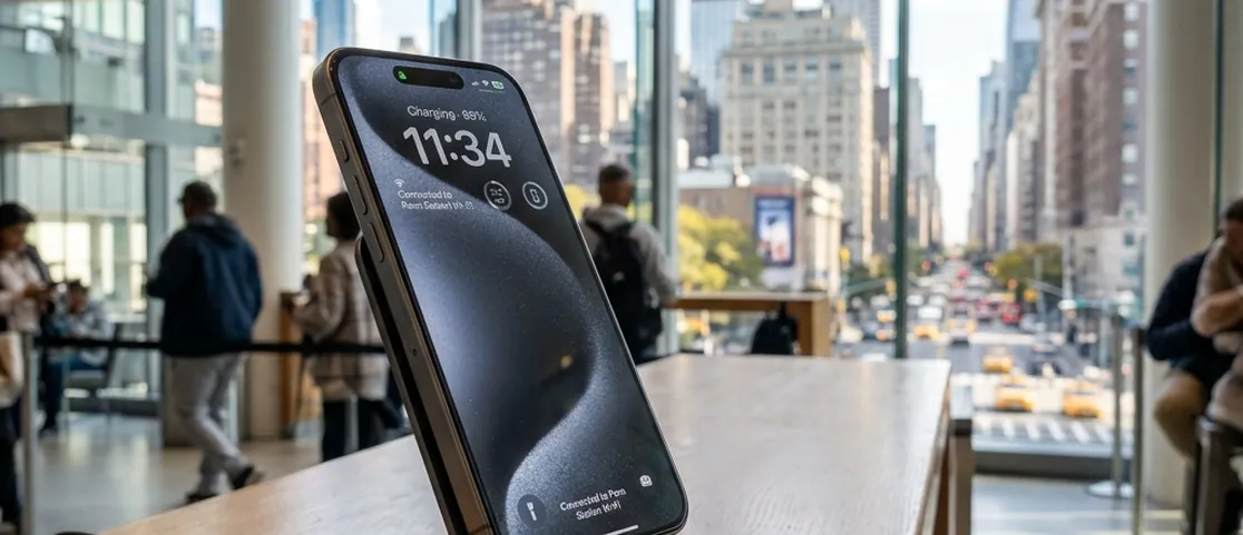 Modern smartphone plugged into a sleek charging dock in a bright Manhattan transit lounge overlooking the skyline