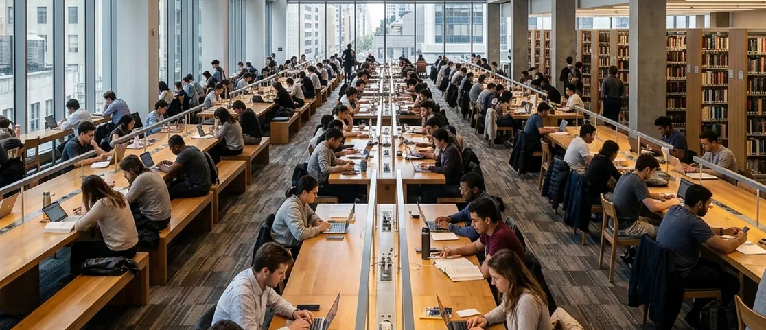 Spacious public study and reading floor at the Stavros Niarchos Foundation Library in Manhattan with long wooden tables, built-in desktop power strips, and students charging devices