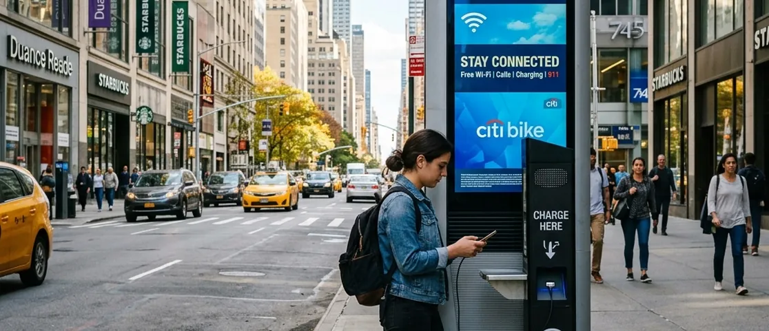 LinkNYC digital sidewalk kiosk on a sunny Manhattan avenue with a pedestrian charging their smartphone via the built-in USB port