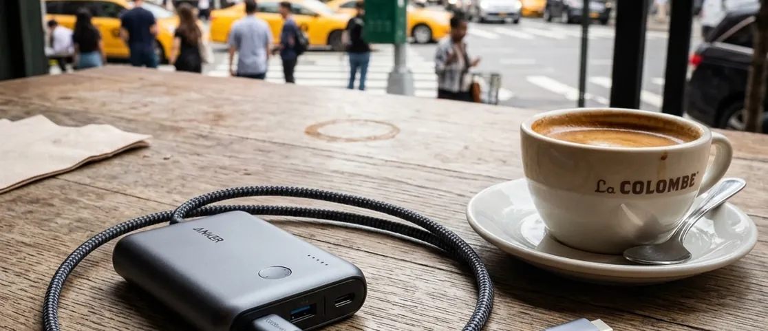 Compact portable power bank battery pack and braided USB-C cable resting on a wooden cafe table next to an espresso coffee cup in Manhattan