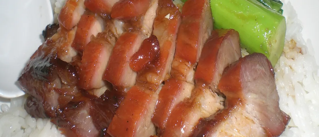 Generous container of Cantonese Char Siu roast pork over rice with cabbage from Wah Fung No 1 on Chrystie Street Chinatown