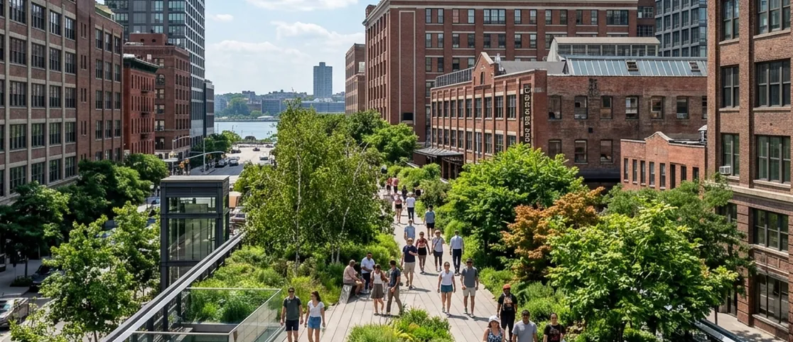 Wide landscape shot of the High Line in Chelsea with people walking among greenery and industrial buildings.