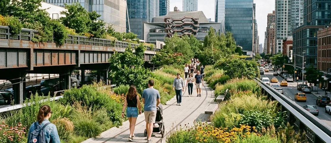 People walking on the High Line elevated park in New York City