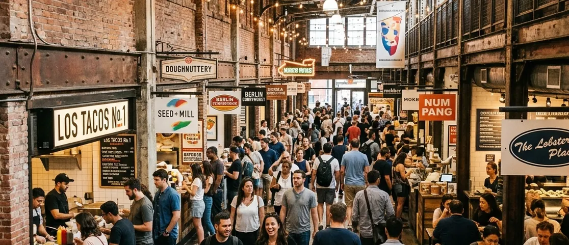 Bustling Chelsea Market interior with exposed brick and food vendors