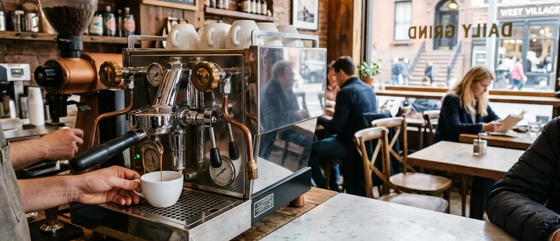 Artisanal espresso machine pouring espresso alongside a flaky buttery croissant on a marble table at a West Village cafe