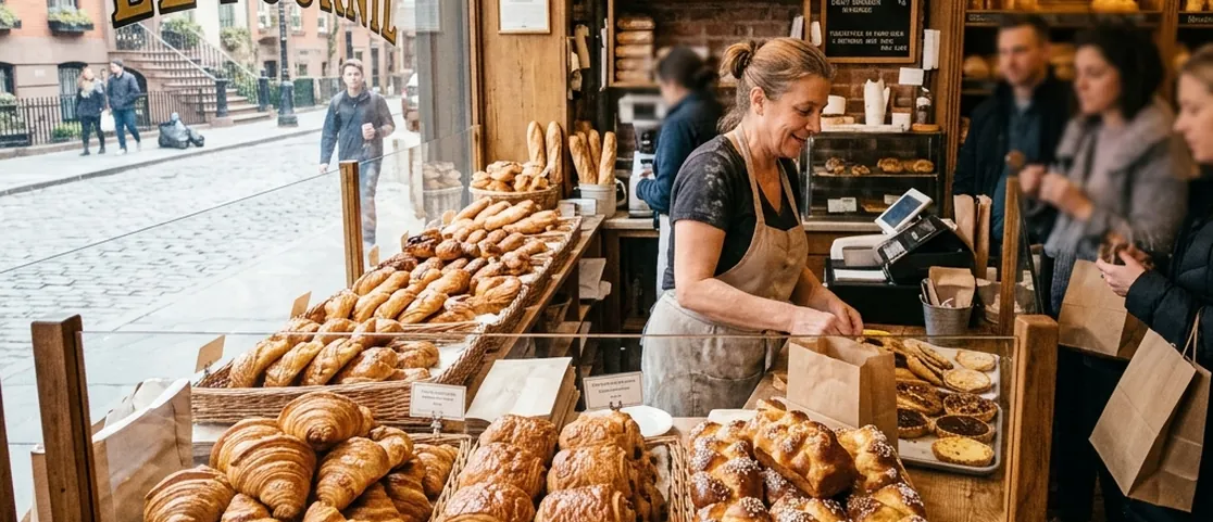 Flaky French croissants and chocolate brioche on display inside an authentic West Village bakery