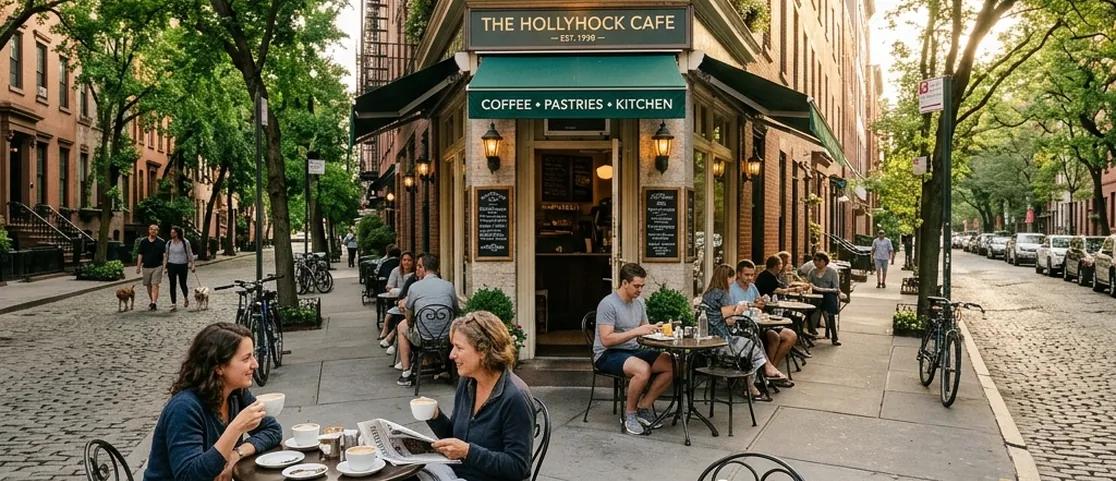Charming morning view of a West Village cobblestone corner cafe with tree-lined streets and outdoor sidewalk tables