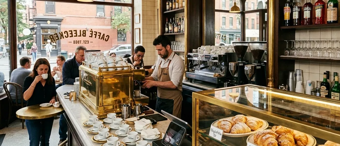 Elegant Italian espresso bar counter with porcelain cups and sweet pastry display at a Bleecker Street cafe in West Village