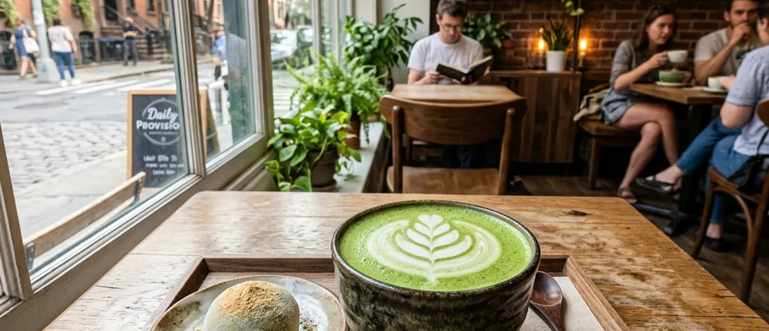 Whisked green ceremonial matcha latte and delicate Japanese mochi pastry on a wooden tray in a quiet West Village coffee shop