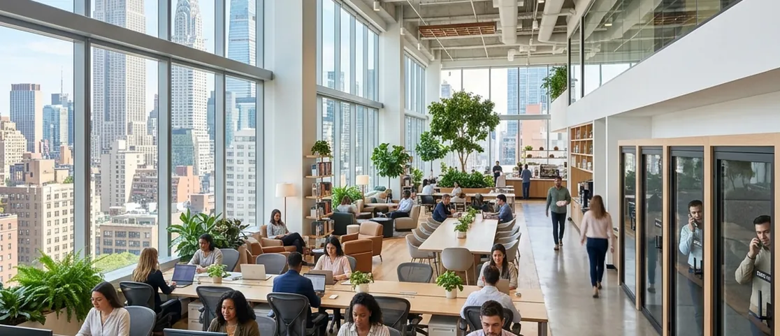 Sunlit modern coworking space in Manhattan with floor-to-ceiling windows overlooking NYC skyscrapers, ergonomic hot desks, and phone booths