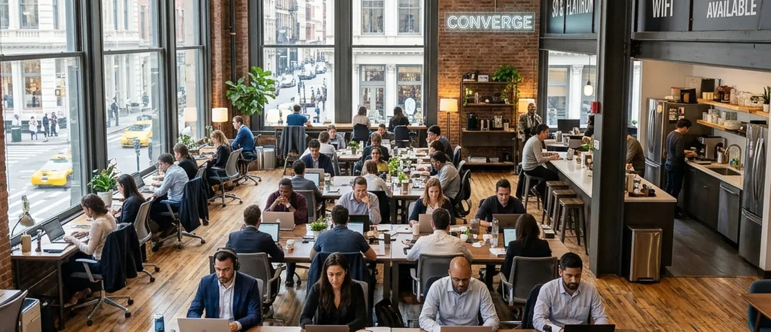 Vibrant open communal hot-desk workspace in SoHo Flatiron Manhattan with high-speed fiber Wi-Fi