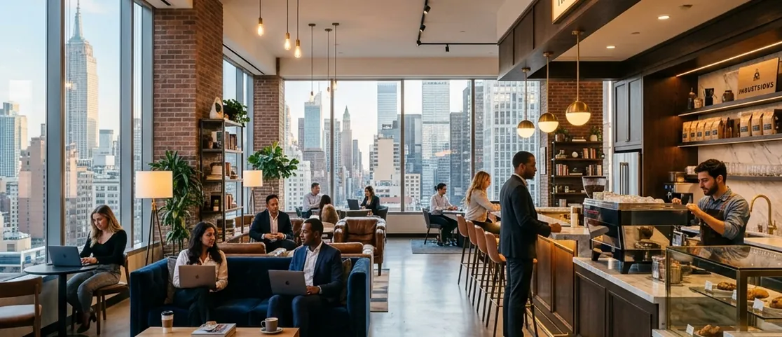 Hospitality lounge and espresso bar inside a premium Midtown Manhattan coworking space