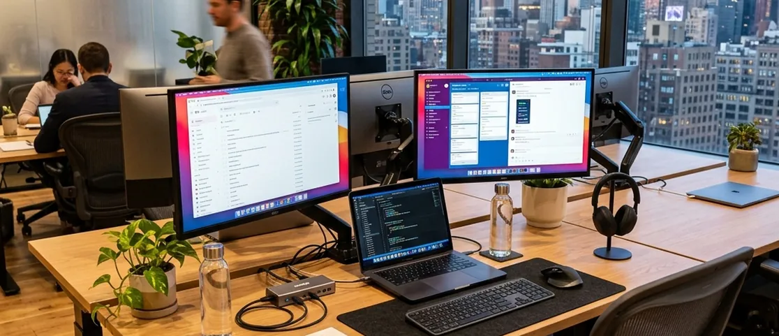 Ergonomic dual-monitor workstation with USB-C laptop dock at a Manhattan coworking hot desk