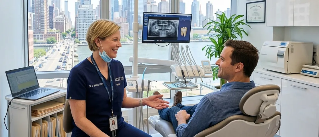 Licensed dentist consulting reassuringly with a patient in a modern examination room in Manhattan
