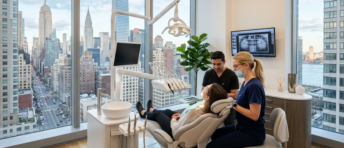 Modern upscale dental clinic examination room in Manhattan with floor-to-ceiling windows overlooking city skyscrapers