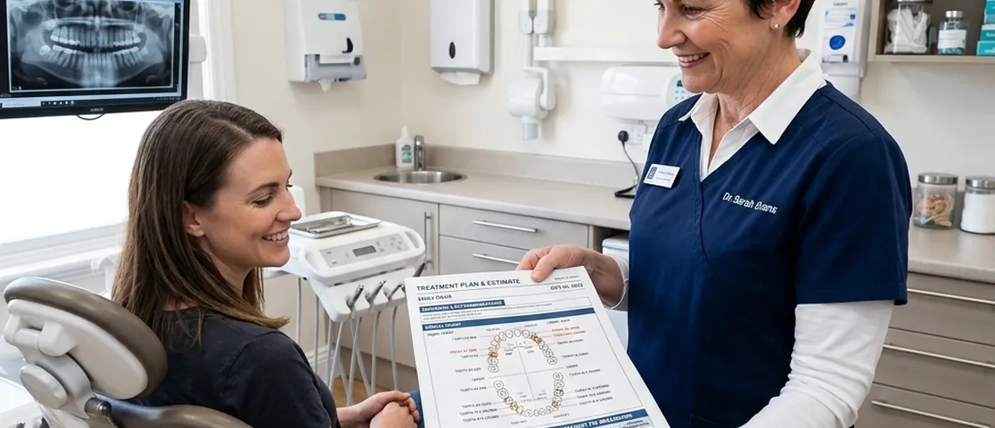 Dentist holding a detailed treatment plan explanation folder with transparent fee breakdown