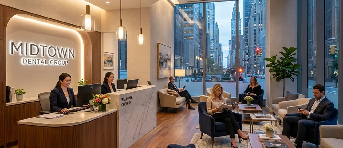 Elegant dental clinic reception desk and comfortable waiting lounge in Midtown Manhattan