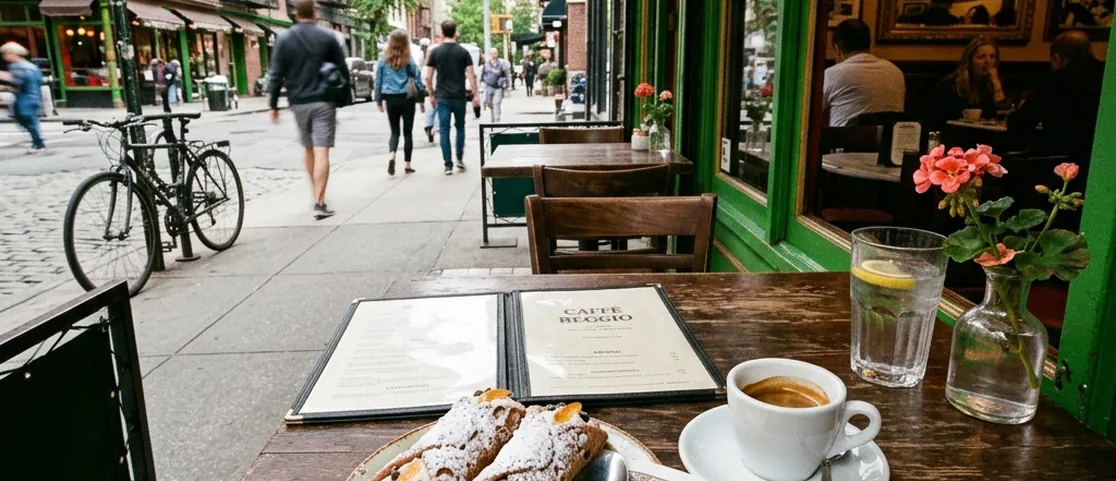 Classic Italian cannoli dusted with powdered sugar and an espresso cup at an authentic Greenwich Village cafe table in Manhattan