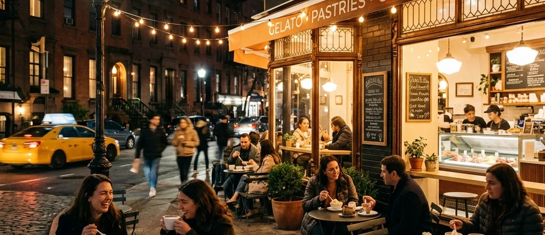 Atmospheric evening view of a cozy Manhattan dessert cafe with warm amber lighting, outdoor bistro tables, and people enjoying pastries