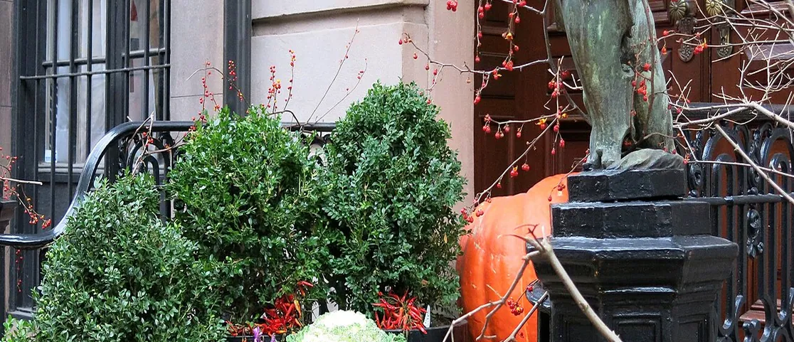 West Village West 10th Street historic brownstones lined with falling autumn leaves