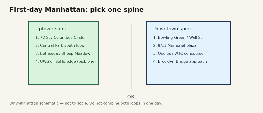 WhyManhattan schematic map comparing uptown park spine versus downtown harbor spine for a first day