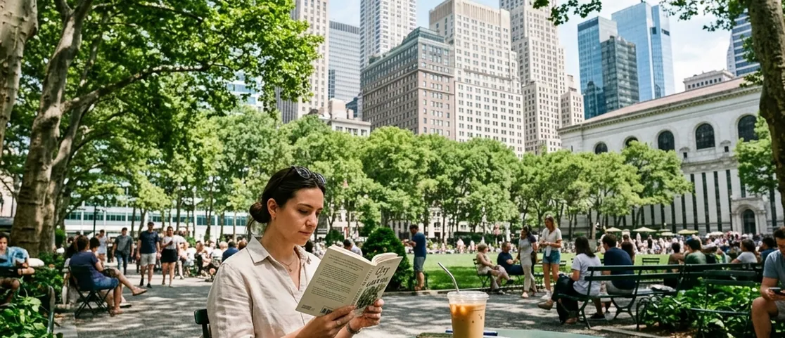 Relaxed traveler reading a book with an iced coffee at an outdoor green bistro table in Bryant Park in Manhattan surrounded by lush trees and Midtown architecture