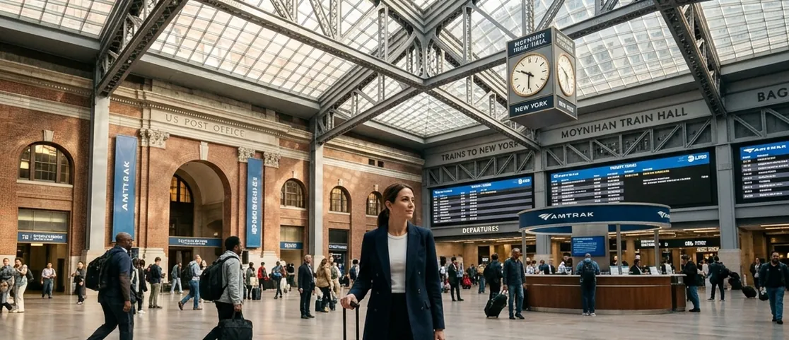 Traveler with sleek rolling luggage standing in the grand skylit hall of Moynihan Train Hall in Manhattan