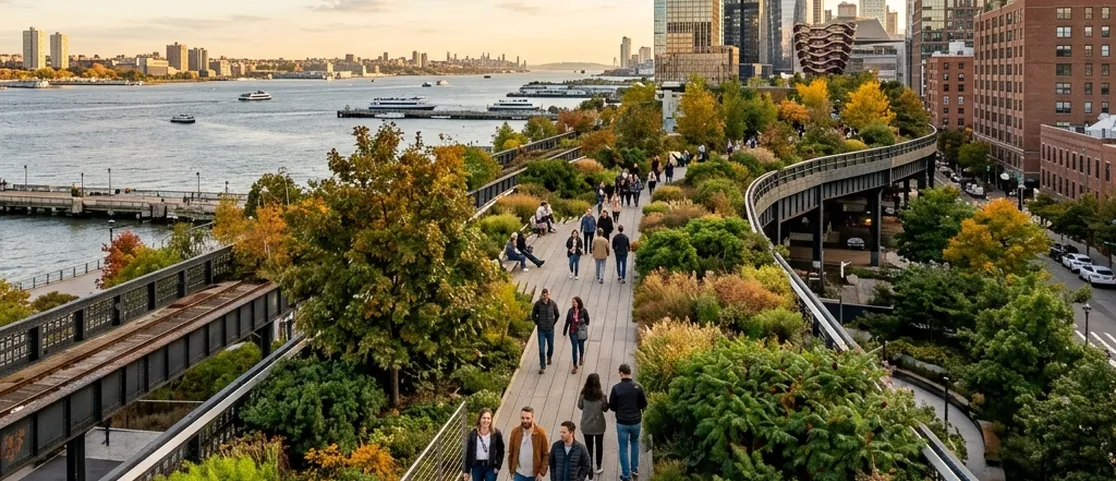People walking along the elevated High Line park in Manhattan with lush greenery and Hudson River views in late afternoon sunlight