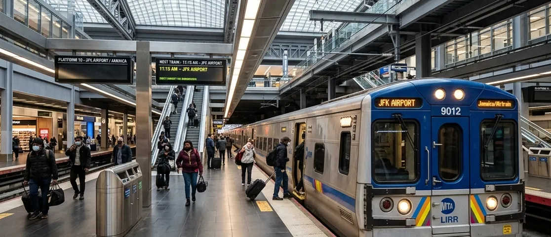 Modern Long Island Rail Road (LIRR) train at a clean platform at Moynihan Train Hall in Manhattan heading to JFK Airport